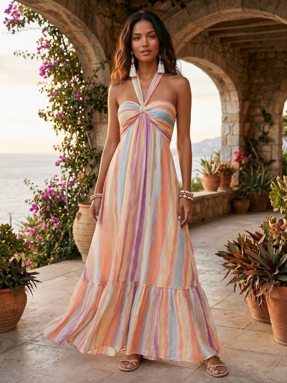 Lulu's Pastel Multi-Stripe Halter Maxi Dress SIZE XL NWT